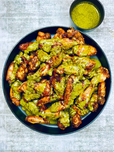 Smoked BBQ Chicken Wings with Green Sauce